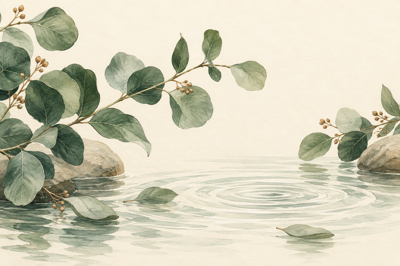 Watercolour illustration of eucalyptus leaves and gentle ripples on ivory paper.