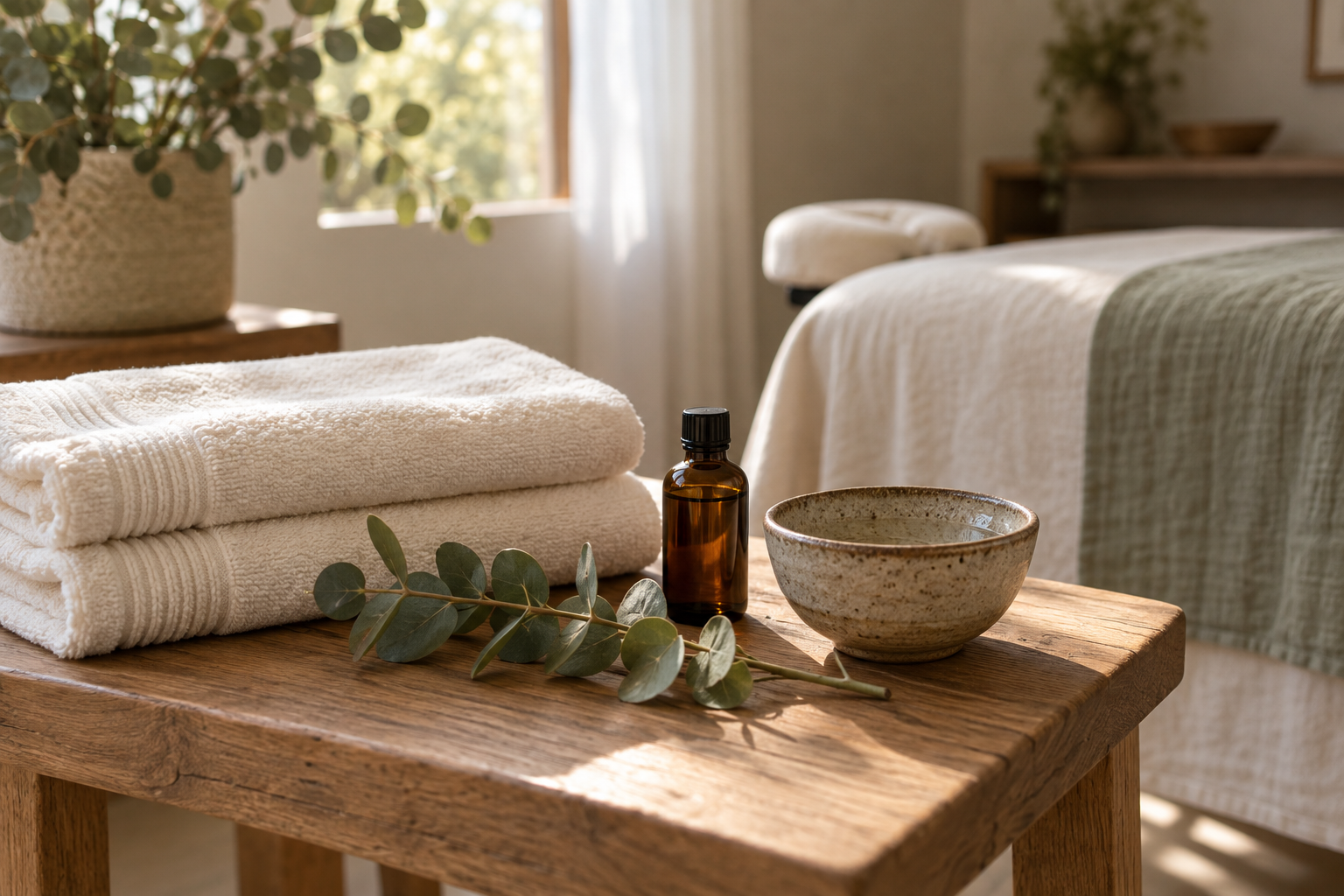 AI-generated still life of folded towels, massage oil and eucalyptus.