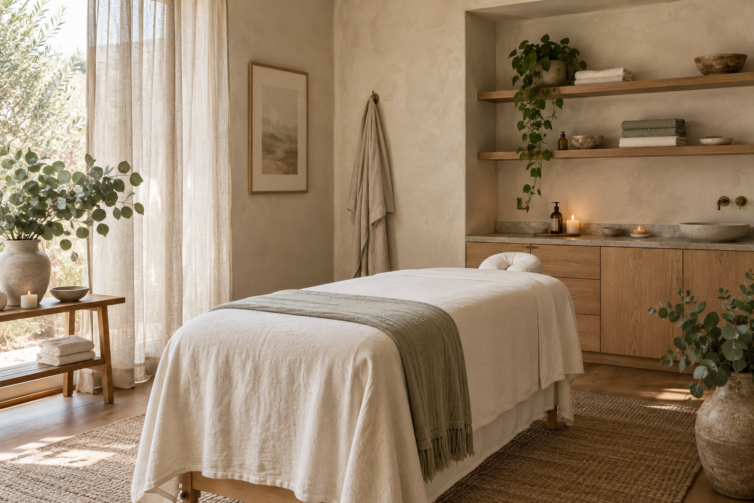 AI-generated massage room with ivory linens, oak furniture and soft daylight.